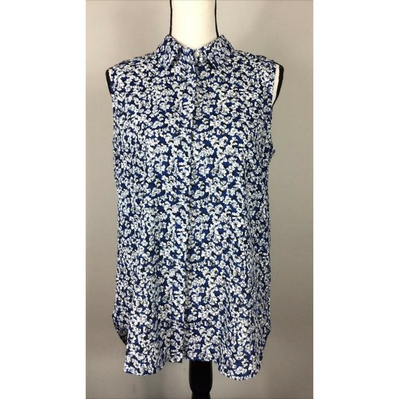 J Crew Homespun Blue Floral Printed Popover Sleeveless Button Blouse 8 - Picture 1 of 7